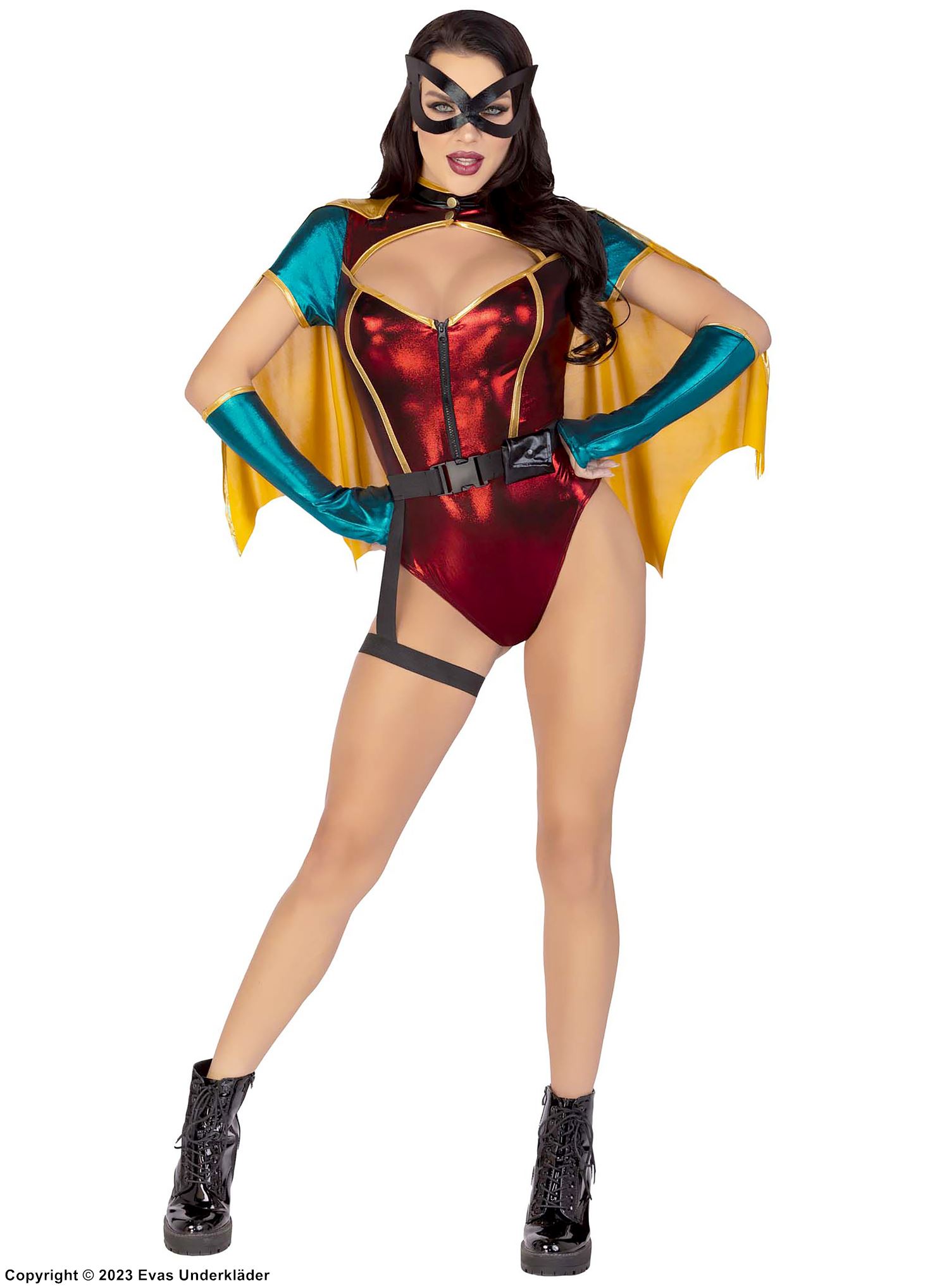 Superheld, Kostüm-Dessous-Body, schillernder Gewebe, kurze Ärmel, Front-Reißverschluss